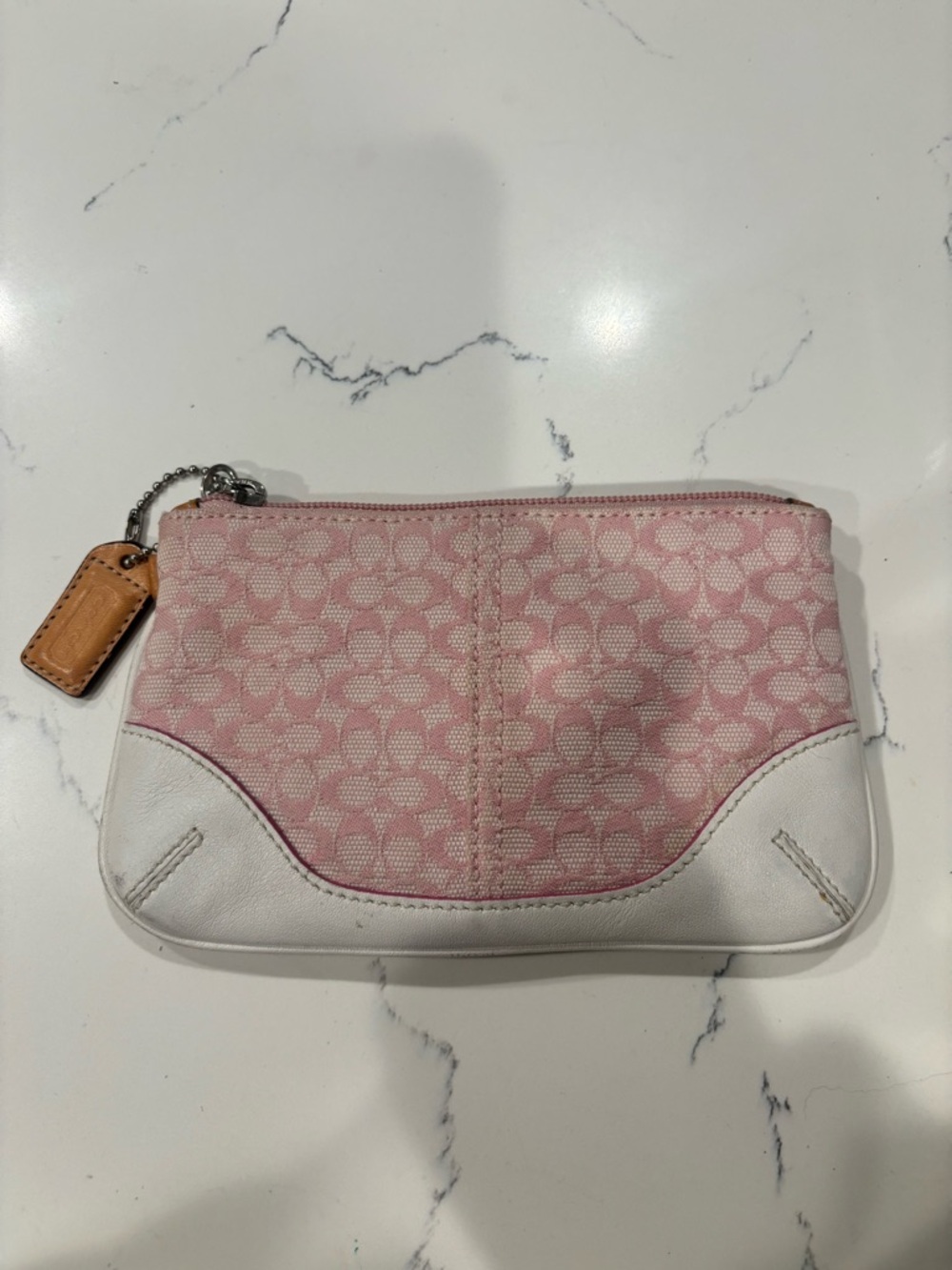 Coach Pink Signature Canvas mini wallet with White Leather Trim